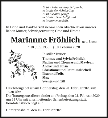 Traueranzeige von Marianne Fröhlich 