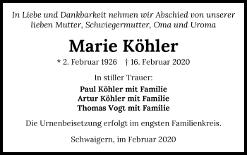 Traueranzeige von Marie Köhler 