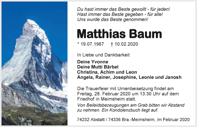  Traueranzeige für Matthias Baum vom 15.02.2020 aus 