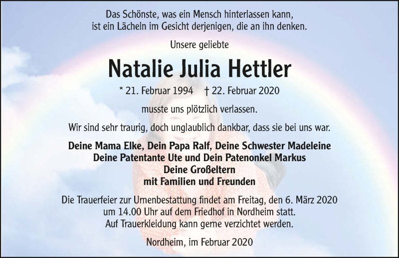  Traueranzeige für Natalie Julia Hettler vom 29.02.2020 aus 