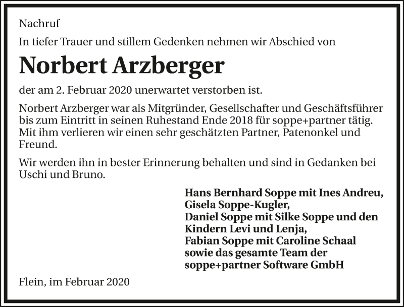  Traueranzeige für Norbert Arzberger vom 11.02.2020 aus 