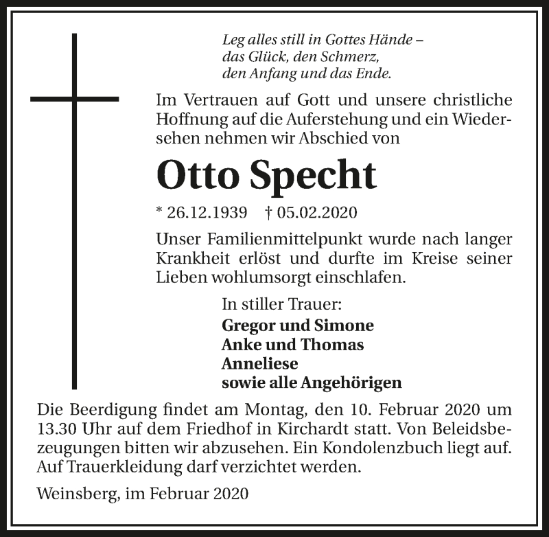  Traueranzeige für Otto Specht vom 08.02.2020 aus 