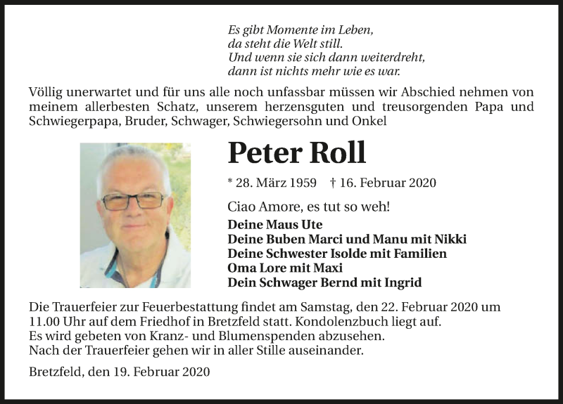  Traueranzeige für Peter Roll vom 19.02.2020 aus 