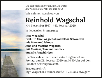 Traueranzeige von Reinhold Wagschal 