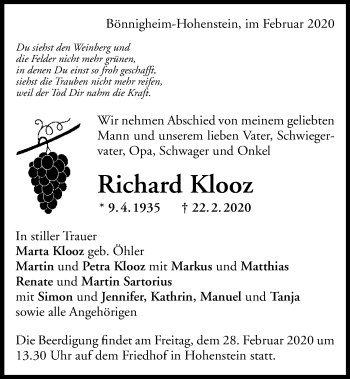 Traueranzeige von Richard Klooz 