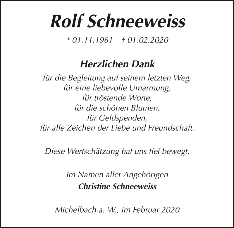  Traueranzeige für Rolf Schneeweiss vom 22.02.2020 aus 