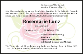 Traueranzeige von Rosemarie Lunz 