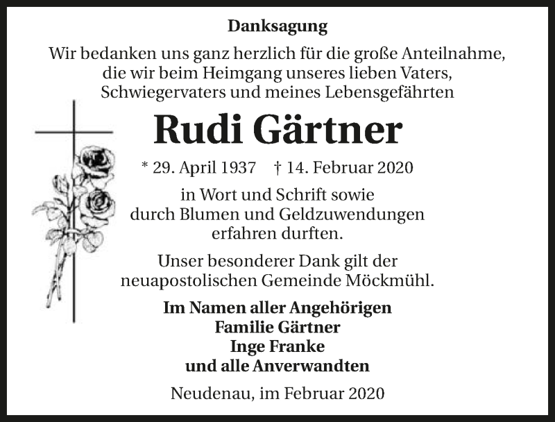  Traueranzeige für Rudi Gärtner vom 29.02.2020 aus 