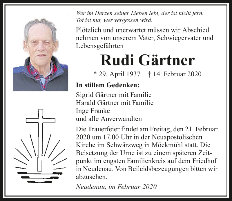  Traueranzeige für Rudi Gärtner vom 18.02.2020 aus 