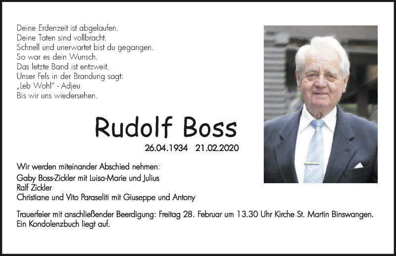  Traueranzeige für Rudolf Boss vom 26.02.2020 aus 