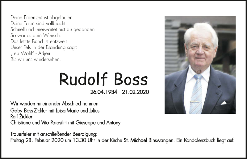  Traueranzeige für Rudolf Boss vom 27.02.2020 aus 