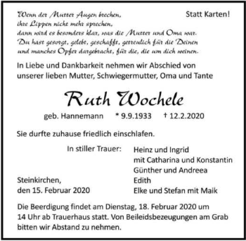 Traueranzeige von Ruth Wochele 