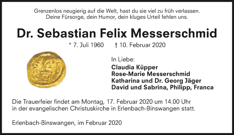  Traueranzeige für Sebastian Felix Messerschmid vom 15.02.2020 aus 
