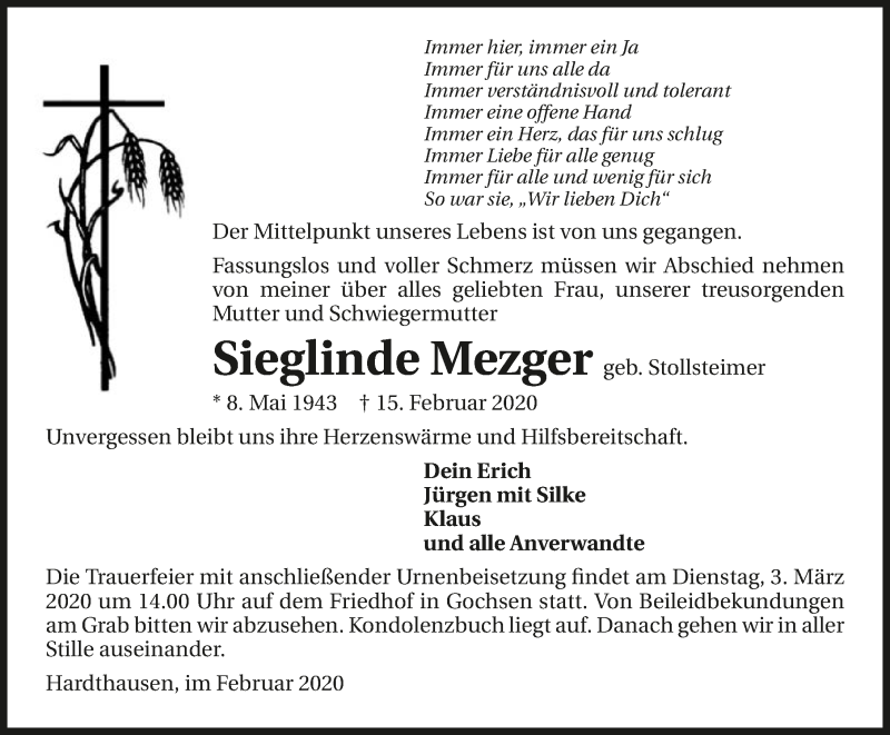  Traueranzeige für Sieglinde Mezger vom 28.02.2020 aus 