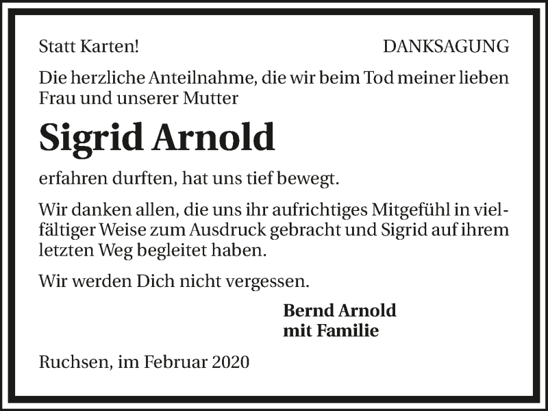  Traueranzeige für Sigrid Arnold vom 15.02.2020 aus 