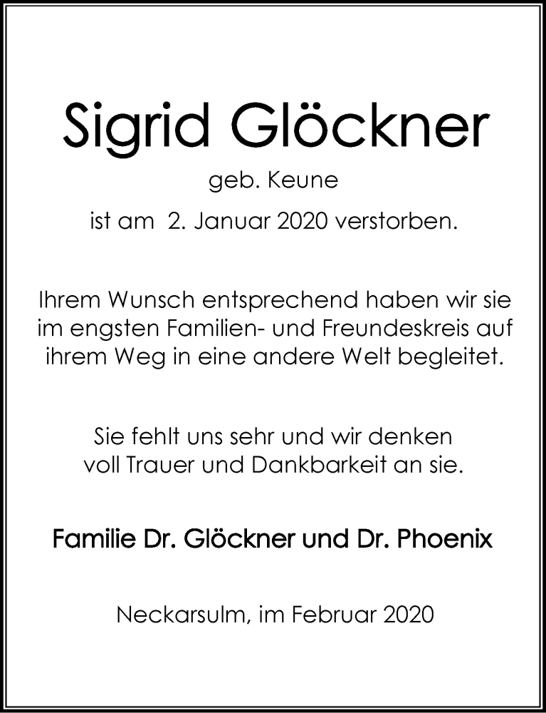  Traueranzeige für Sigrid Glöckner vom 08.02.2020 aus 