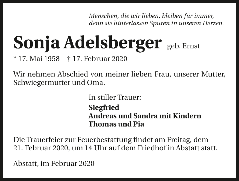  Traueranzeige für Sonja Adelsberger vom 20.02.2020 aus 