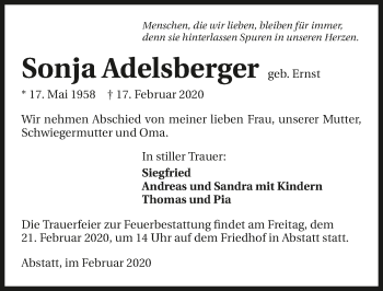 Traueranzeige von Sonja Adelsberger 