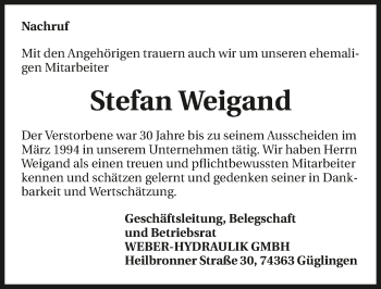 Traueranzeige von Stefan Weigand 