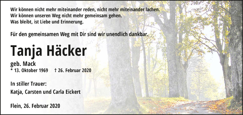 Traueranzeige für Tanja Häcker vom 29.02.2020 aus 