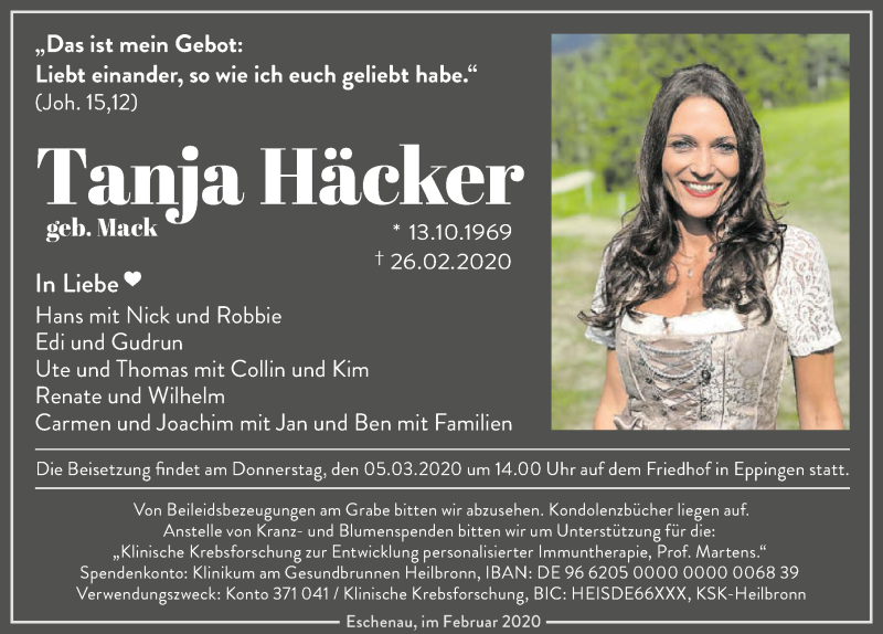  Traueranzeige für Tanja Häcker vom 29.02.2020 aus 