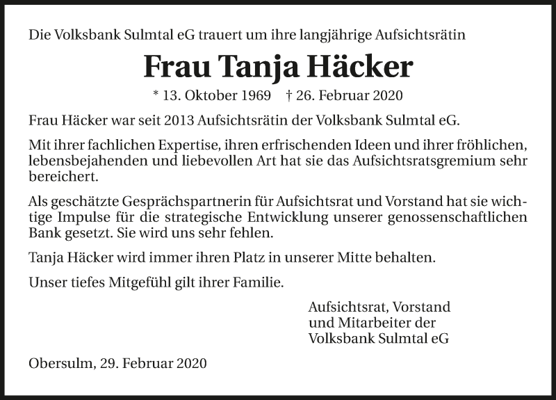  Traueranzeige für Tanja Häcker vom 29.02.2020 aus 