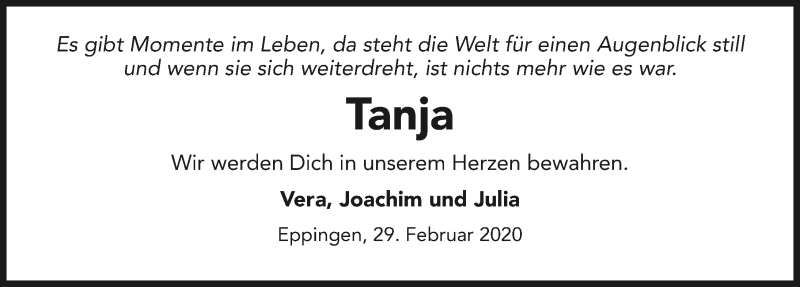  Traueranzeige für Tanja Häcker vom 29.02.2020 aus 