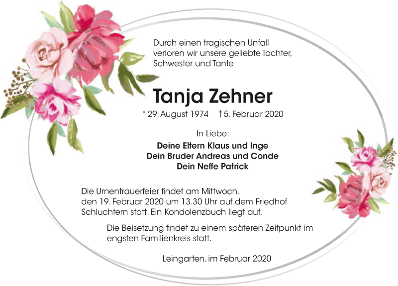  Traueranzeige für Tanja Zehner vom 15.02.2020 aus 