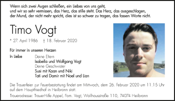 Traueranzeige von Timo Vogt 
