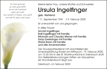 Traueranzeige von Ursula Ingelfinger 