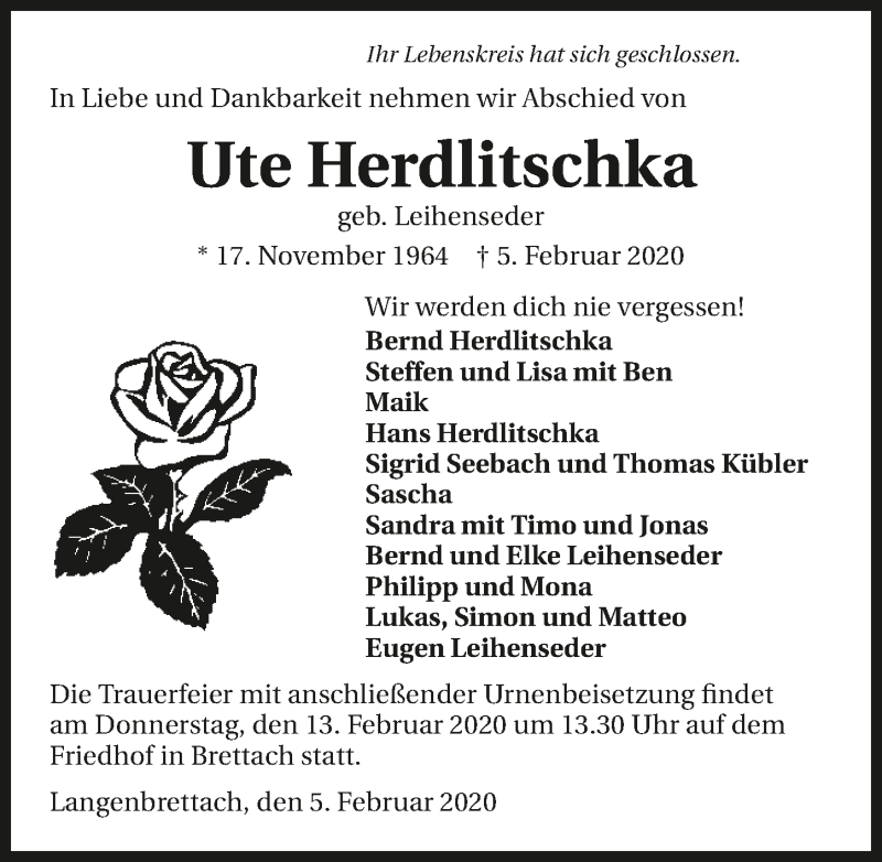  Traueranzeige für Ute Herdlitschka vom 11.02.2020 aus 