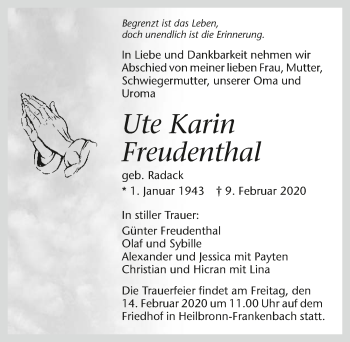 Traueranzeige von Ute Karin Freudenthal 