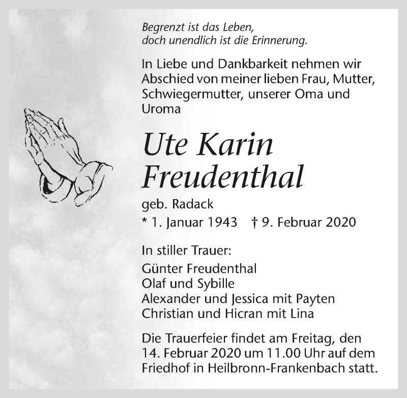  Traueranzeige für Ute Karin Freudenthal vom 11.02.2020 aus 