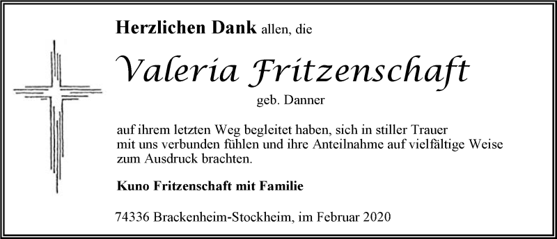  Traueranzeige für Valeria Fritzenschaft vom 08.02.2020 aus 