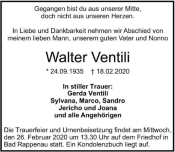 Traueranzeige von Walter Ventili 
