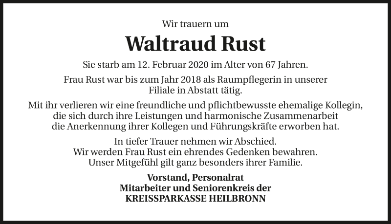  Traueranzeige für Waltraud Rust vom 19.02.2020 aus 