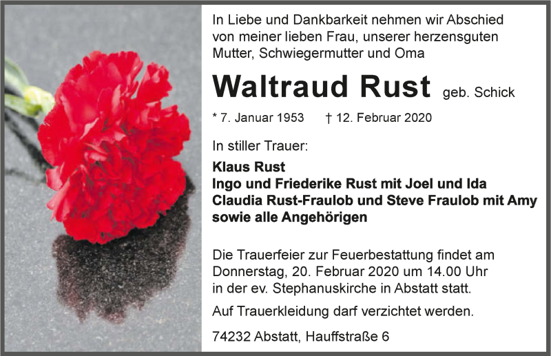  Traueranzeige für Waltraud Rust vom 15.02.2020 aus 