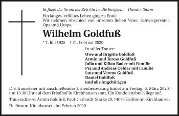 Traueranzeige von Wilhelm Goldfuß 
