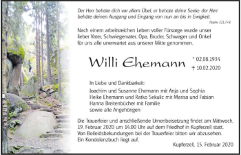 Traueranzeige von Willi Ehemann 