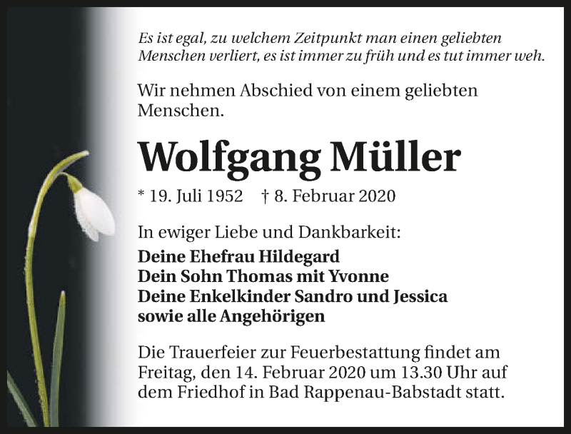  Traueranzeige für Wolfgang Müller vom 11.02.2020 aus 