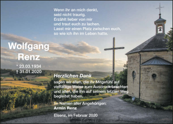 Traueranzeige von Wolfgang Renz 