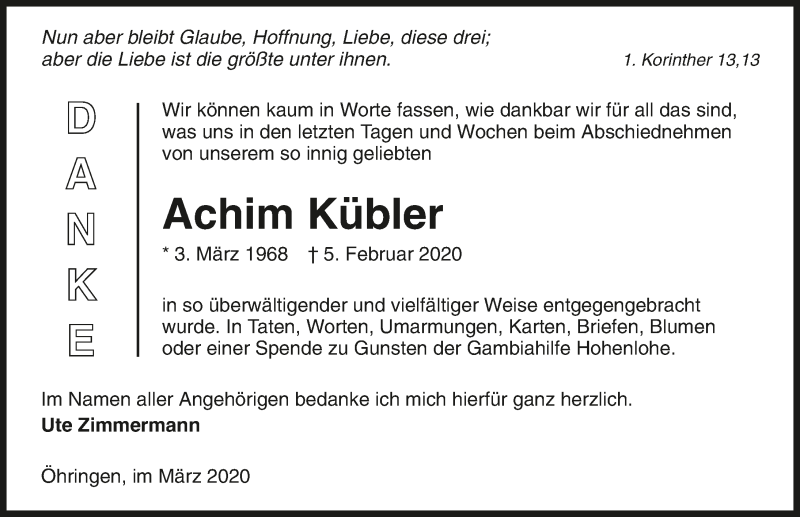  Traueranzeige für Achim Kübler vom 14.03.2020 aus 