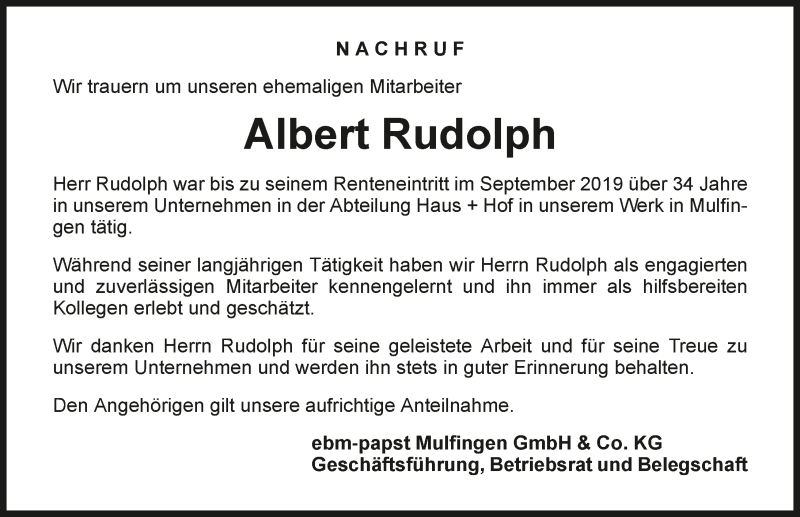  Traueranzeige für Albert Rudolph vom 26.03.2020 aus 
