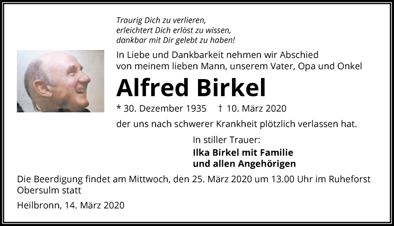  Traueranzeige für Alfred Birkel vom 14.03.2020 aus 