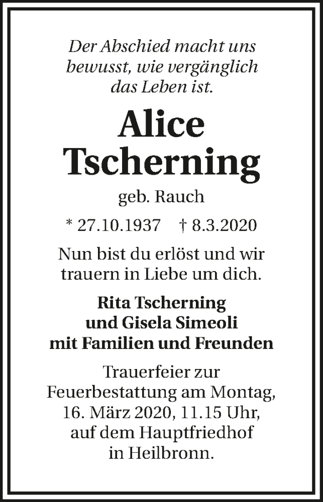  Traueranzeige für Alice Tscherning vom 11.03.2020 aus 