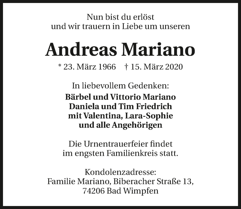  Traueranzeige für Andreas Mariano vom 21.03.2020 aus 