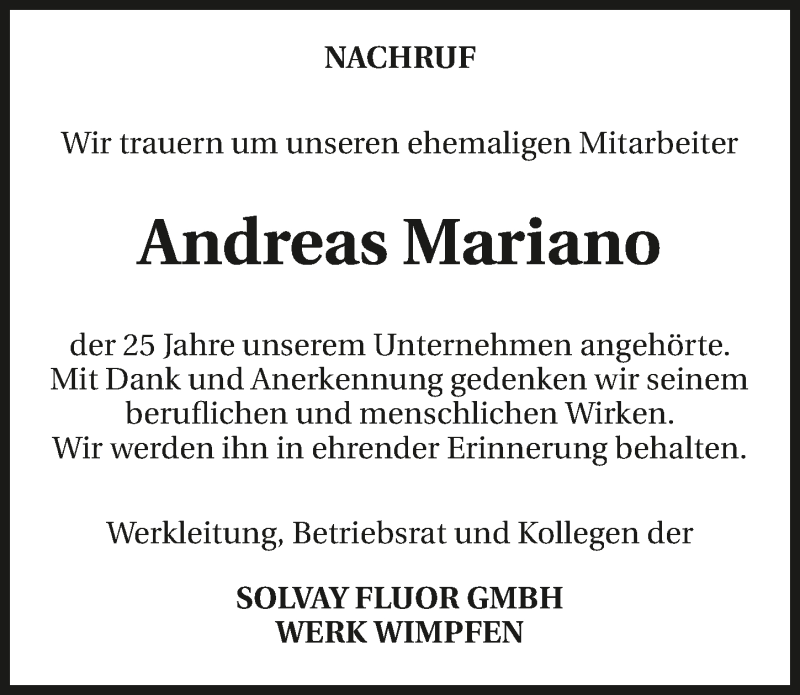  Traueranzeige für Andreas Mariano vom 23.03.2020 aus 