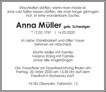 Traueranzeige von Anna Müller 