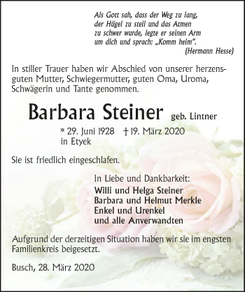 Traueranzeige von Barbara Steiner 