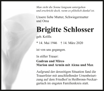 Traueranzeige von Brigitte Schlosser 